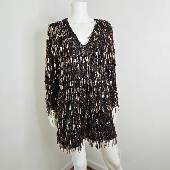 Zara Dress Large Sequins Fringe Black Copper Gold Mini Holiday Party Shift NWT - Picture 1 of 15